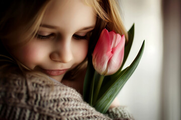 A woman is hugging a child and there are pink flowers in the background