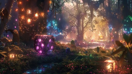 Obraz premium A vibrant, highfantasy scene of a mystical dice casting magical spells in an enchanted forest, full of dazzling lights and colors