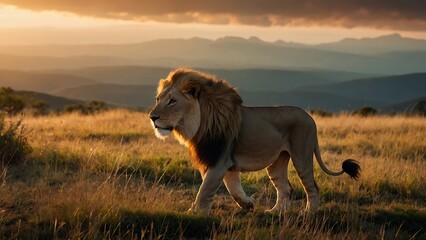 Lion standing at sunset in mountain landscape