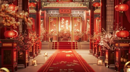 Animestyle beautiful Chinese wedding banquet hall, vibrant red and gold tones, intricate decorations and floral anime characters