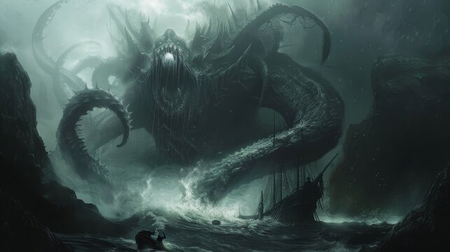 A mystical portrayal of a World Eater as a titanic, ethereal creature, its form casting shadows over a beautifully detailed, doomed fantasy landscape
