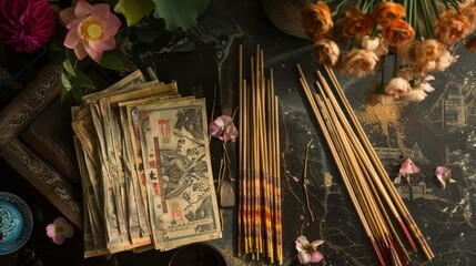 Detailed view of a Chinese funeral, featuring ceremonial paper money, joss sticks, and lotus flowers, against a dark backdrop