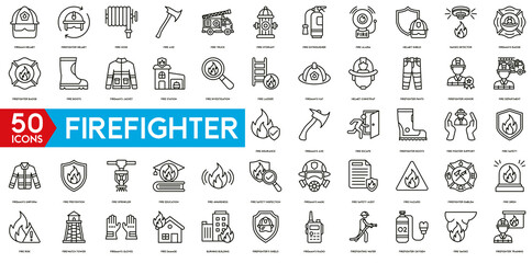 Firefighter icon. Fireman Helmet, Firefighter helmet, Fire Hose, Fire Truck, Fire Hydrant, Fire Extinguisher, Fire Alarm and helmet shield icon.