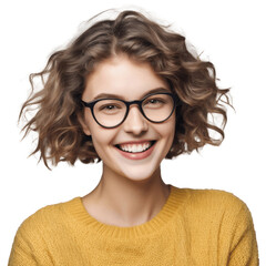 Obraz premium portrait of a smiling short hair woman wearing glasses in yellow sweater isolated on transparent background
