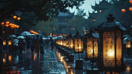 Elegant and somber Chinese funeral procession with paper lanterns, under soft rain, capturing the cultural essence and emotion