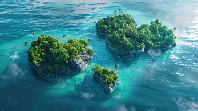 3D rendered heart shaped islands in a clear ocean view