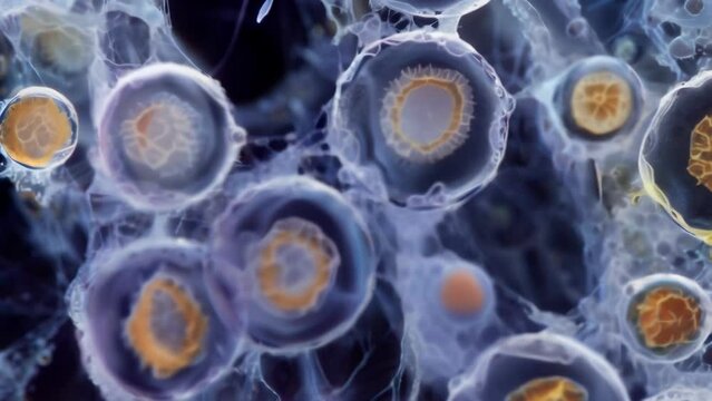 This striking microscopic image shows multiple Euglenoid cells clumped together highlighting the social behavior and potential colonial . AI generation.