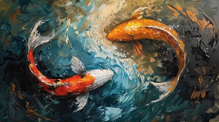 Meditative oil painting of Koi fish in a yin yang composition, using bold and serene colors to express tranquility and the flow of energy - obrazy, fototapety, plakaty