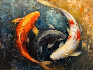 Harmonious oil painting of Koi fish styled as a yin yang, crafted with meticulous brushstrokes to reflect the balance of nature - obrazy, fototapety, plakaty