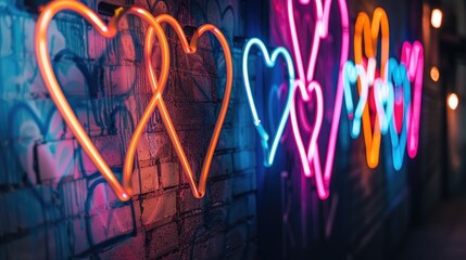 Neon lights forming heart shapes against dark background - obrazy, fototapety, plakaty