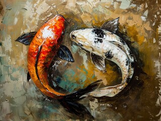 Oil painting of Koi fish styled as a yin yang, crafted with meticulous brushstrokes to reflect the balance of nature - obrazy, fototapety, plakaty