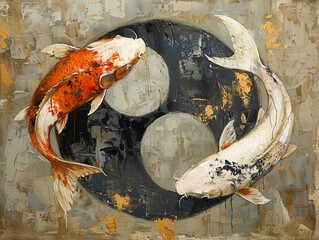 Harmonious oil painting of Koi fish styled as a yin yang, illustrated with meticulous brushstrokes to reflect the balance of nature - obrazy, fototapety, plakaty