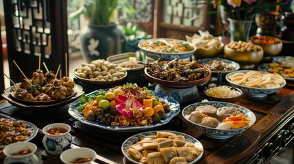 Traditional food offerings on a lacquered wooden table at a Chinese funeral, intricate details of the setting, no people
