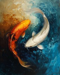 Captivating oil painting with Koi fish portrayed in a yin yang design, illustrating the dynamic interplay of elements with bright immersive colors - obrazy, fototapety, plakaty