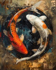 Charming oil painting with Koi fish portrayed in a yin yang design, illustrating the dynamic interplay of elements with deep, immersive colors - obrazy, fototapety, plakaty