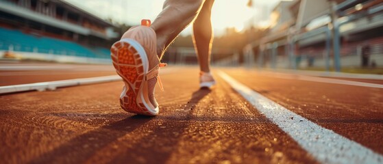 Close up legs of Athlete man running on racetrack at a stadium, Sprinter on the running track. 