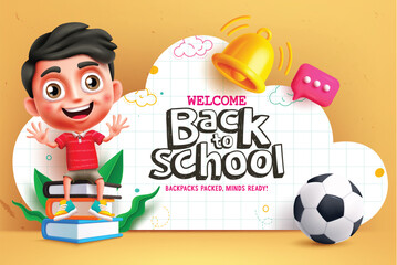 Back to school boy character vector design. Welcome back to school greeting text in paper cut clouds with happy smiling cute boy kid for educational learning concept. Vector illustration back 