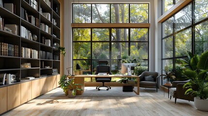 A tranquil workspace featuring stylish home office or library, comfortable seating, and inspiring views with custom-built in bookshelves. - obrazy, fototapety, plakaty