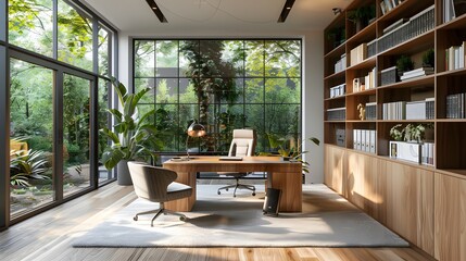 A tranquil workspace featuring stylish home office or library, comfortable seating, and inspiring views with custom-built in bookshelves. - obrazy, fototapety, plakaty