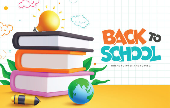 Back to school books vector design. Back to school greeting text with educational books reading materials elements for paper grid background. Vector illustration school greeting design. 
