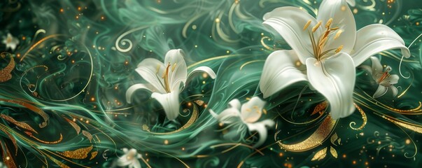 3D wallpaper green background with white and gold flowers - obrazy, fototapety, plakaty