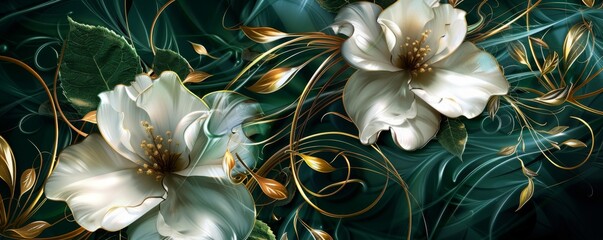 3D wallpaper green background with white and gold flowers - obrazy, fototapety, plakaty