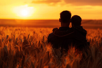 father and son are sitting in a field of tall grass, looking at the sun. ai generative - obrazy, fototapety, plakaty