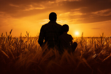 father and son are sitting in a field of tall grass, looking at the sun. ai generative - obrazy, fototapety, plakaty