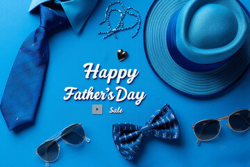 A blue background with a tie, sunglasses. father day sale concept.ai generative - obrazy, fototapety, plakaty