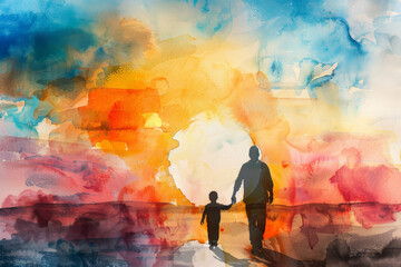 A man and a child are walking together in a field at sunset. father day concept. ai generative - obrazy, fototapety, plakaty