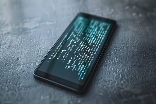 A blank smartphone screen with a series of binary code scrolling across it.