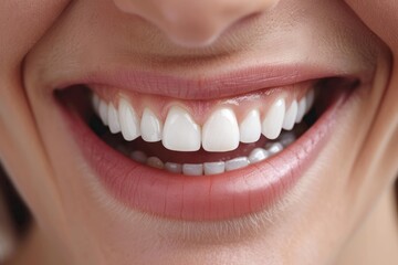 A close-up of a person's mouth revealing their pearly white teeth as they smile,