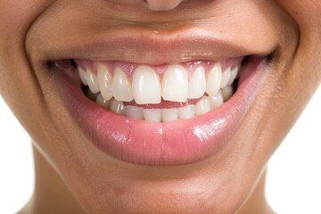 A close-up of a person's mouth revealing their pearly white teeth as they smile, - obrazy, fototapety, plakaty
