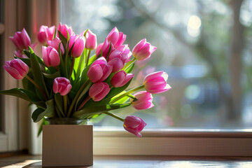A vase of pink tulips sits on a table next to a card.ai generative