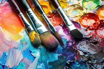 A close-up shot of a watercolor palette, with paintbrushes swirling and blending colors together...