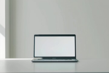 A MacBook Pro with a blank screen, reflecting the user's face and surroundings, placed on a minimalist desk against a white wall. - obrazy, fototapety, plakaty