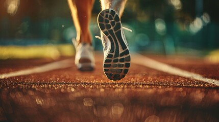 Close up legs of Athlete man running on racetrack at a stadium, Sprinter on the running track. 