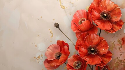 Top view of various red poppies in acrylic style painting on a old yellow paper with a big space for text or a background, Generative AI.