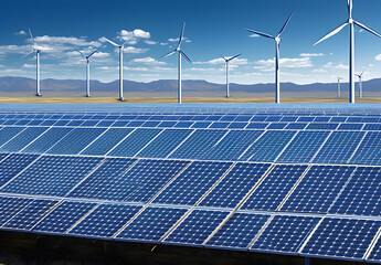 Sustainable Synergy: Photovoltaic Panels & Wind Turbines in a Blue Sky Canvas