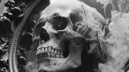Spooky Skull Haunting Image with Eerie Smog Backdrop