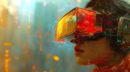 A woman wearing a virtual reality headset. The headset is transparent and we can see her face. She is in a city and there are buildings and lights in the background.