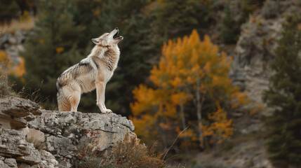 Grey wolf, Canis lupus, standing on a rock in the autumn forest.