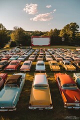 A vintage drive-in movie theater with rows of cars facing a large outdoor screen in a grassy parking lot, Generative AI