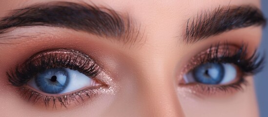 Obraz premium Woman's beautiful blue eyes and long eyelashes in a detailed close-up view, showcasing natural beauty and elegance