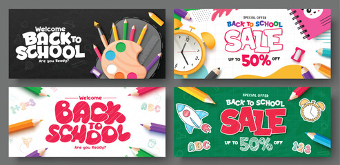 Back to school sale vector banner set design. Welcome back to school greeting text and promotion discount offer with educational elements lay out collection. Vector illustration school sale banner 