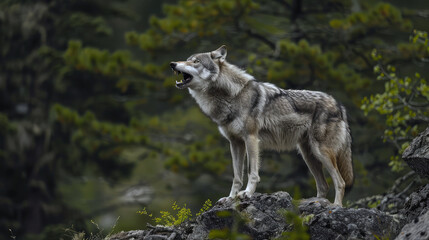 Grey wolf, Canis lupus, single mammal on rock, UK.