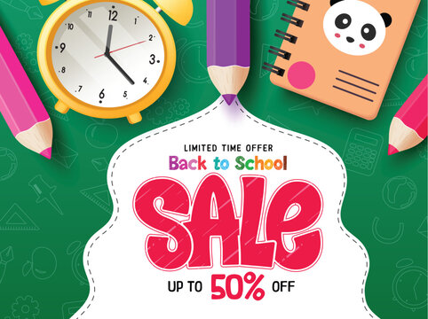 Back to school sale vector banner design. School sale limited time offer text with alarm clock, color pencil and notebook educational items supplies in green board background. Vector illustration 