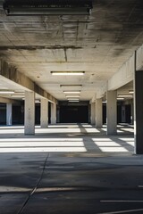 An empty parking garage with fluorescent lights casting shadows across the concrete pillars, Generative AI