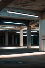 An empty parking garage with fluorescent lights casting shadows across the concrete pillars, Generative AI