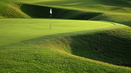 Fototapeta premium A multi-tiered green with a flag placed on the highest level, emphasizing the strategic elements of putting